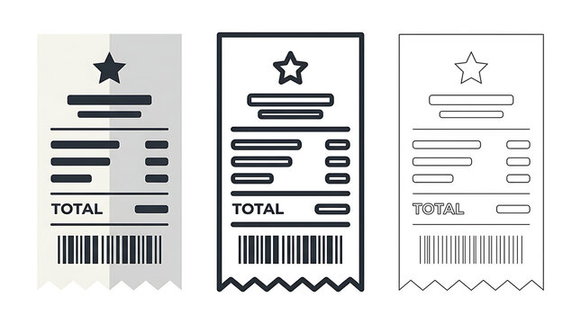 Three receipt icons with star and barcode isolated on transparent background