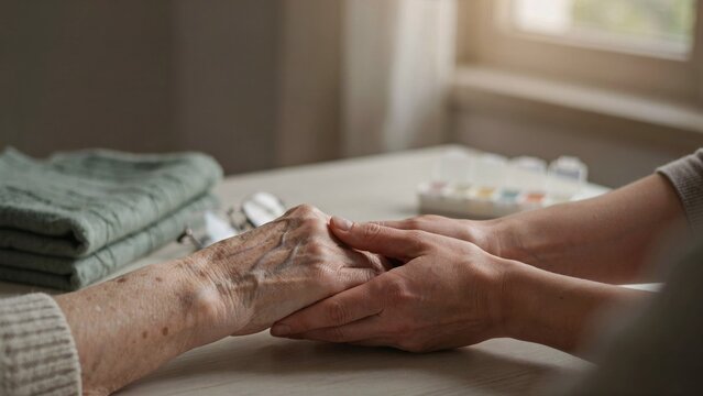 Caregiver Gently Holding an Elderly Person&rsquo;s Hand to Provide Emotional Support and Compassionate Care