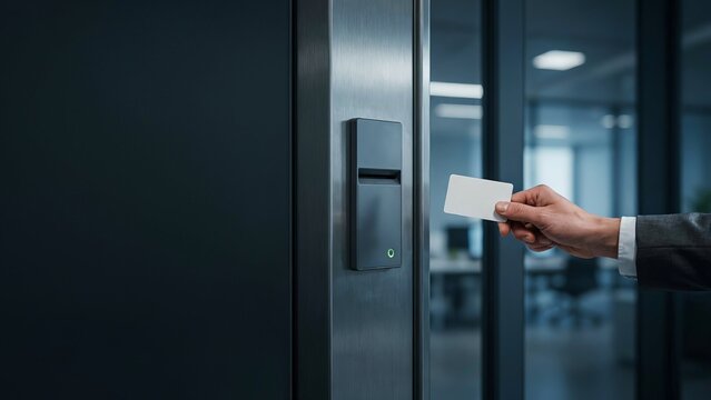Employee Using an Access Card to Unlock a Restricted Workplace Door for Secure Building Entry