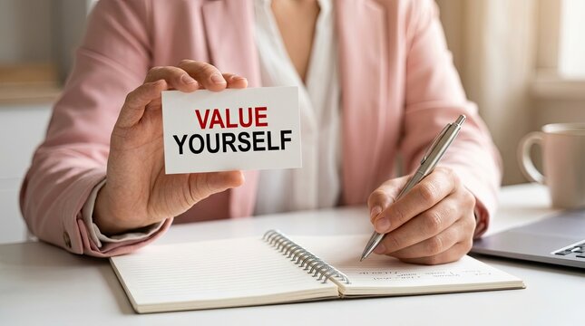 Woman holding a card with the words value yourself while writing in a journal