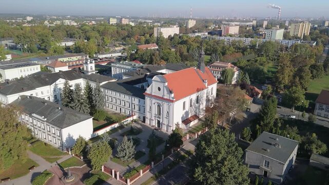 Aerial drone view of St. John the Baptist Church (Kości&oacute;ł św. Jana Chrzciciela), a historic Roman Catholic church in Płock, Poland