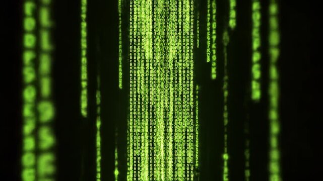 Green digital code streaming vertically on black background