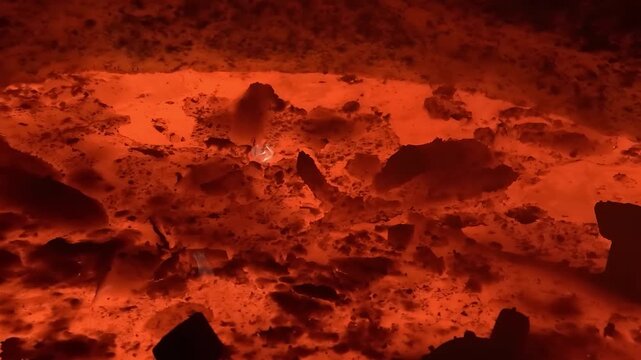 Molten Metal Glowing Inside Industrial Furnace with Crusted Slag
