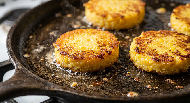 Fried Cornmeal Mush Slices Cooking in Cast Iron Skillet
