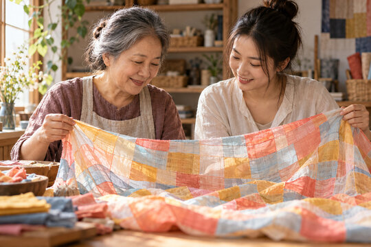 Two generations sharing a colorful patchwork cloth