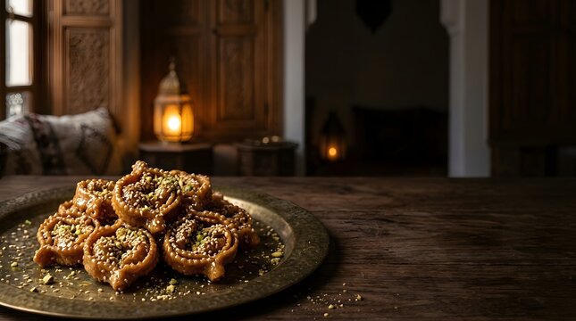 A brass plate filled with traditional honey glazed chebakia pastries topped with sesame seeds and chopped pistachios on wood