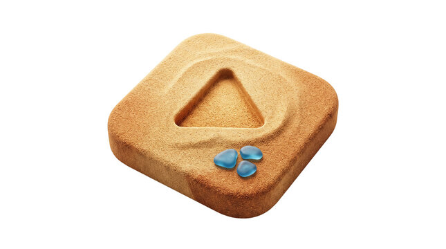 Sand play button tile, desert sand media icon concept, beach texture app symbol with blue sea glass, natural clay video start button isolated PNG with Transparent Background
