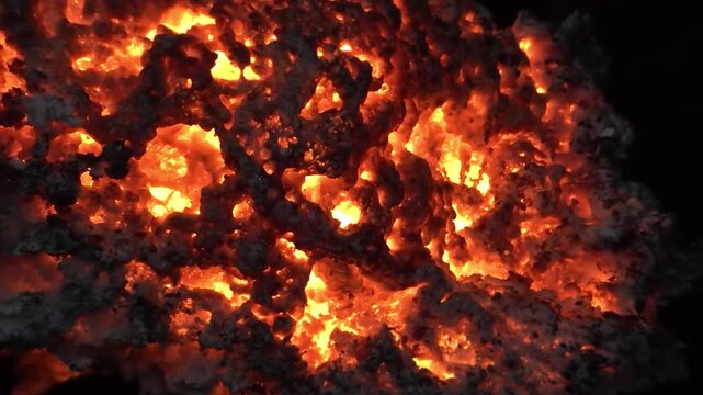 Glowing Molten Lava Mass with Cooling Crust on Black Background