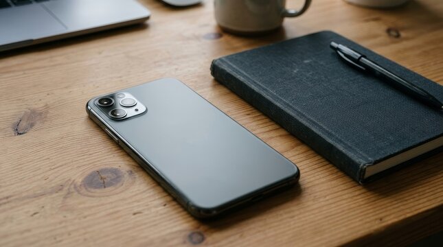 Modern smartphone and tablet on wooden surface.