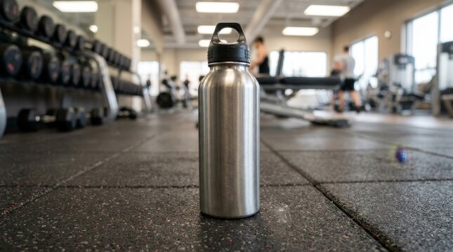 Stainless steel water bottle in modern gym setting.