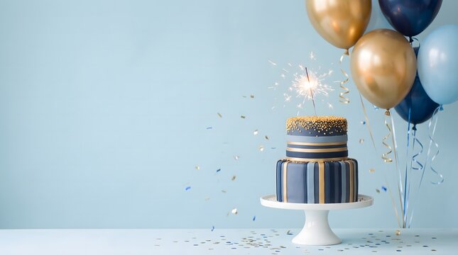 Celebration cake with balloons and champagne on a light blue background