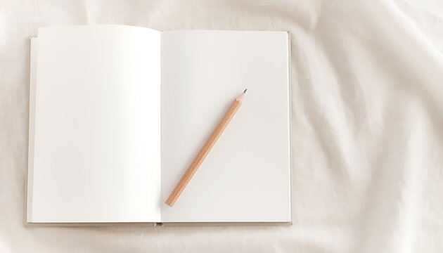 Blank Open Notebook with Wooden Pencil Resting on Soft Fabric Surface Interior