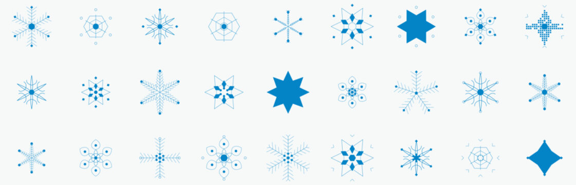 Blue vector snowflakes graphic set featuring various geometric winter crystal shapes and decorative holiday elements arranged nicely on transparent background