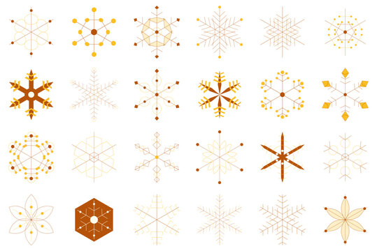 Gold snowflake vector collection featuring geometric shapes and intricate patterns presented gracefully on transparent background