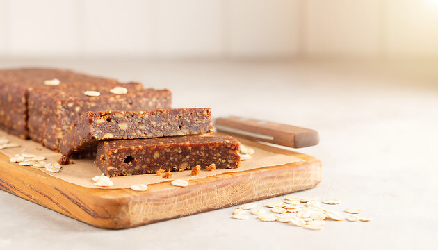 Healthy Energy Bar Slices Arranged on Wooden Board With Oats and Knife