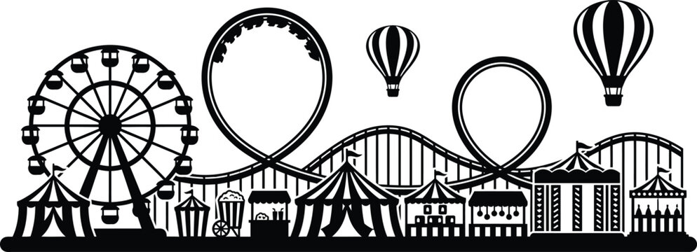 Circus carnival amusement park vector silhouette horizontal border banner with roller coaster and hot air balloons