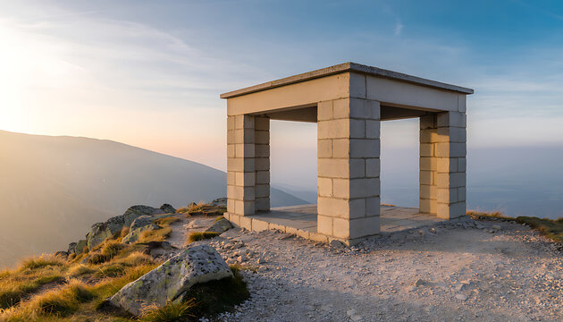 Stone Monument Shelter on Mountain Peak Overlooking Valley During Sunset Horizon