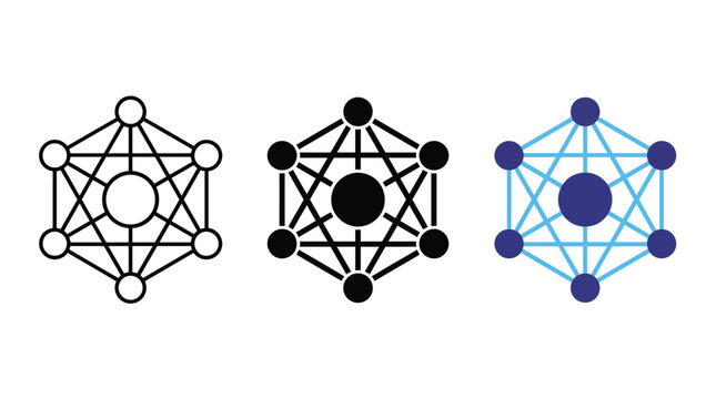 Geometric network node structures illustrating digital technology connections with multiple abstract graphic vector symbols