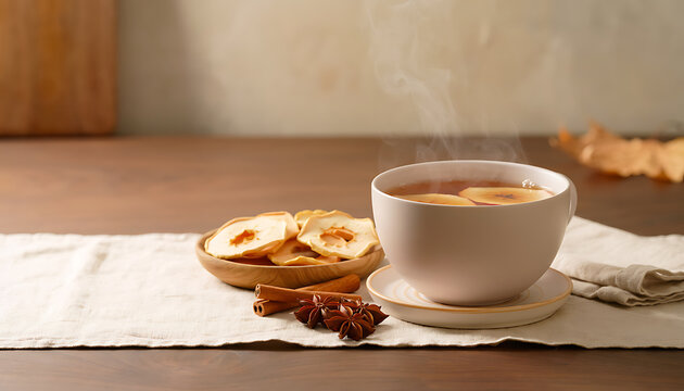 Hot Apple Tea Steaming in Cup with Cinnamon and Dried Apple Slices on Wooden Table