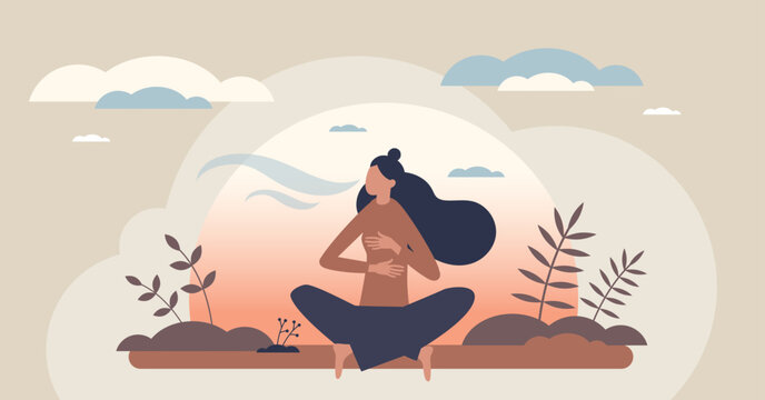 Breathwork serenity practice with a seated woman, wind swirls, and plants, conveys mindful calm, grounding, and inner balance in nature. Tiny style