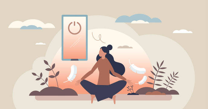 Digital detox tiny concept, woman meditating outdoors beside a phone with power icon, floating feathers evoke light, offline calm. Tiny style