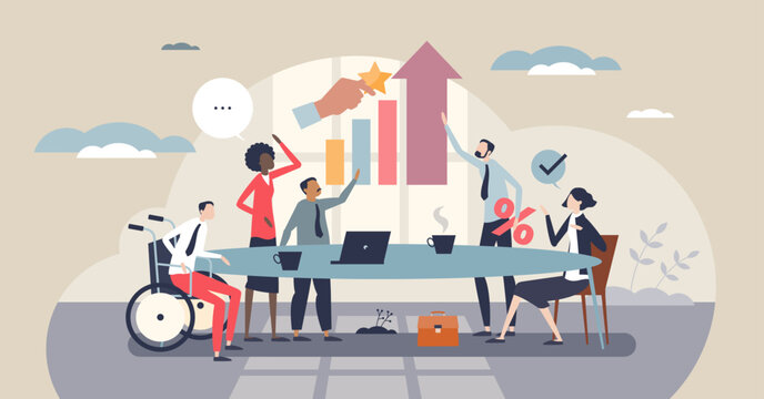 Upskilling teamwork boosts growth as a diverse team plans with bar chart, arrow, and laptop, symbolizing learning progress and inclusive collaboration. Tiny style
