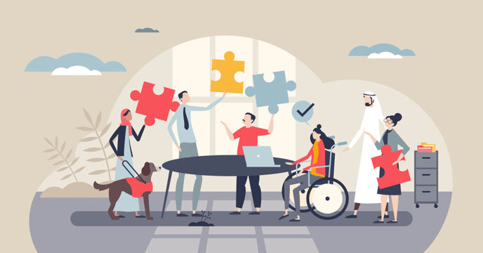 Inclusive workplace teamwork, diverse colleagues solve a project around a table, holding puzzle pieces, wheelchair and guide dog highlight accessibility and collaboration. Tiny style