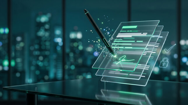 Digital pen signing glowing electronic signature on transparent glass contract pages with green checkmark and security padlock on reflective desk with blurred night city skyline
