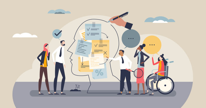Brainstorming session v2 concept, diverse team collaborates around a head-shaped board with sticky notes and speech bubbles, symbolizing idea generation and planning. Tiny style