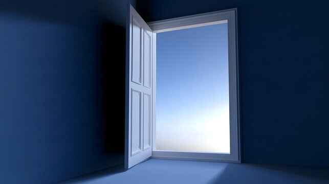 An open white door reveals a bright blue sky  contrasting with dark blue walls and casting soft light into the room