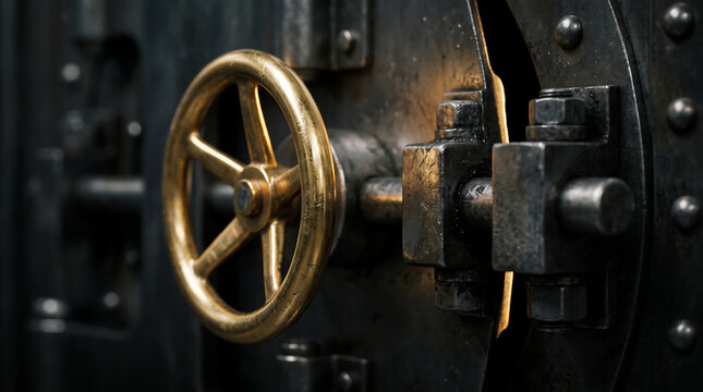 Close up of a heavy antique bank vault door with brass handwheel and steel locking bolts on a dark riveted iron surface representing security wealth protection and safekeeping