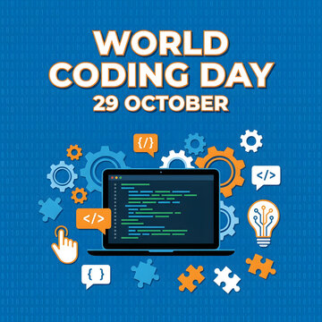 World Coding Day flat vector poster. Programmer laptop with code, gears, lightbulb icons. October 29 software engineering concept