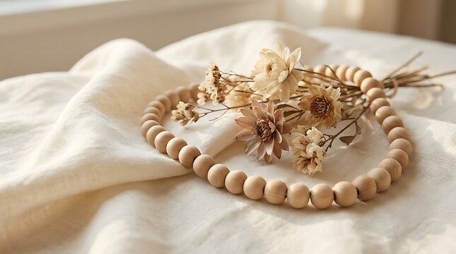 Wooden prayer beads with dried flowers on linen fabric.