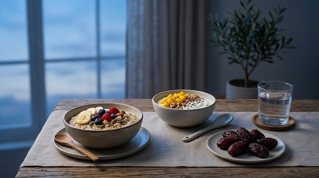 Healthy breakfast bowls with fruit, yogurt, dates and water.