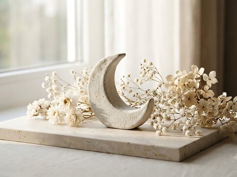 Decorative crescent moon with dried flowers on marble slab.