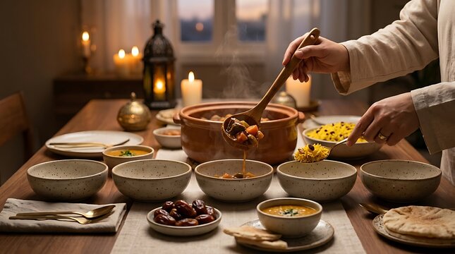 Iftar dinner table with steaming food and dates for Ramadan.