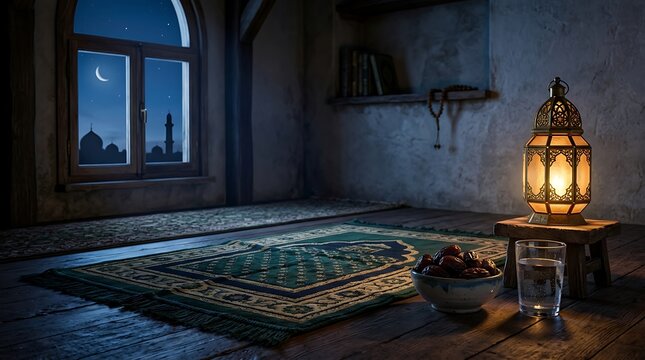 Ramadan iftar setup with dates and water glass on prayer mat.