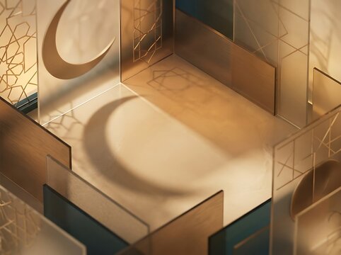 Abstract geometric design with crescent moon and Islamic patterns.
