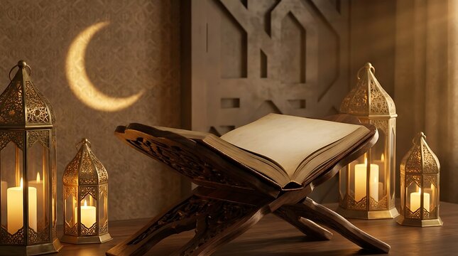 Holy Quran on ornate stand with Ramadan lanterns and crescent moon.