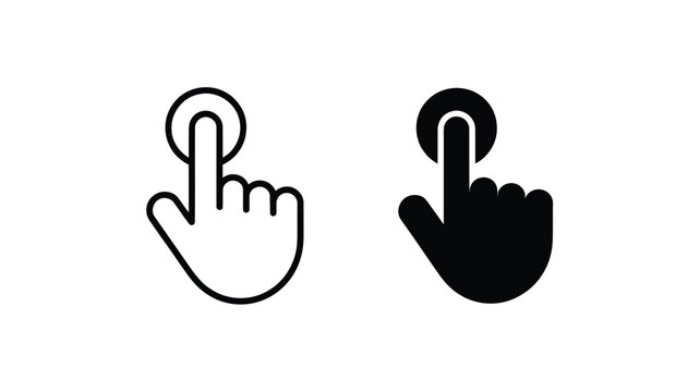 Pair of hand gesture showing a finger tapping or pressing a circular button, presented in both outline and solid black styles on a white background