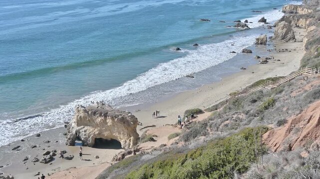 Aerial view of sea stacks and cliffs at El Matador Beach Malibu