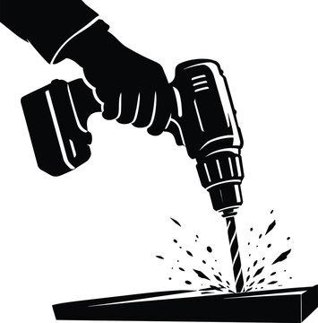 Electric Power Drill Boring Metal Surface Silhouette Vector Illustration Industrial Repair Tool.