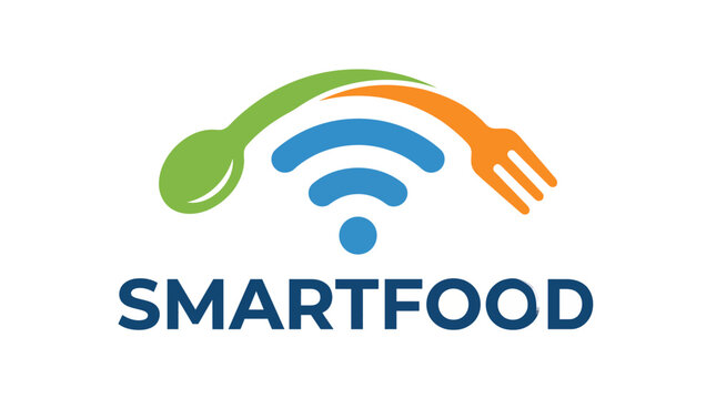 The Smart Food logo blends dining utensils with technology symbols, showcasing the intersection of food and digital innovation, appealing to modern tech-savvy consumers.