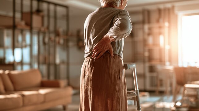 Older woman stands with a walking aid and holds her lower back indoors