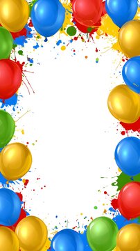 Colorful balloons and paint splatters on white background frame