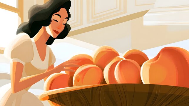 Woman reaching into wooden bowl of ripe peaches in kitchen