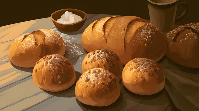 Rustic bread loaves and seed buns on a wooden table with flour