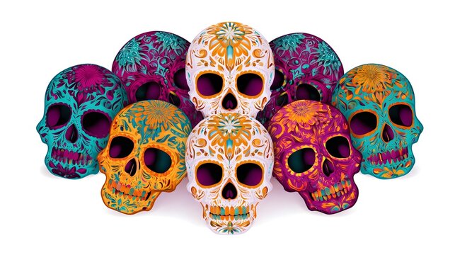 Six ornate sugar skulls with floral patterns on white background
