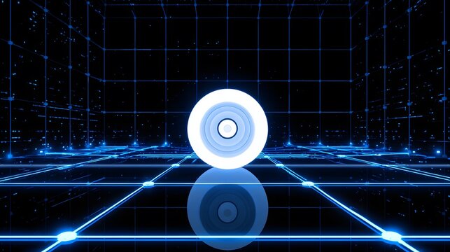 Glowing white sphere with circular core on blue digital grid