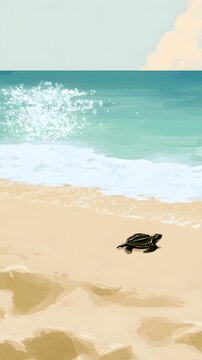 Small sea turtle crawling on sandy beach toward turquoise ocean